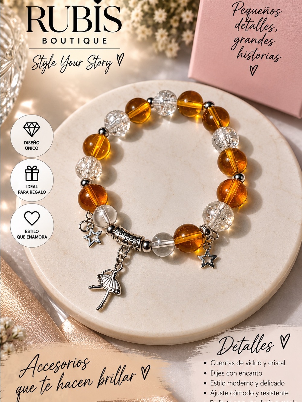 Amber and Clear Glass Charm Bracelet